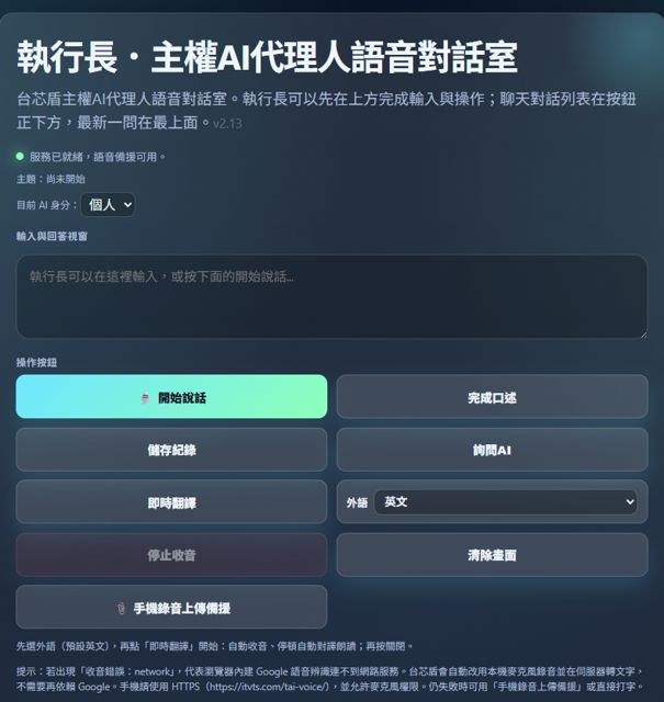 AI主權平台的操作流程示意圖，包含註冊、登入、建立個人檔案和語音聊天室等步驟說明。