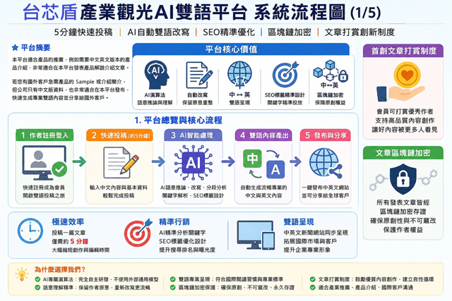 展現台芯盾AI雙語平台整合多重技術（如AI、SEO、區塊鏈）的系統架構圖示。