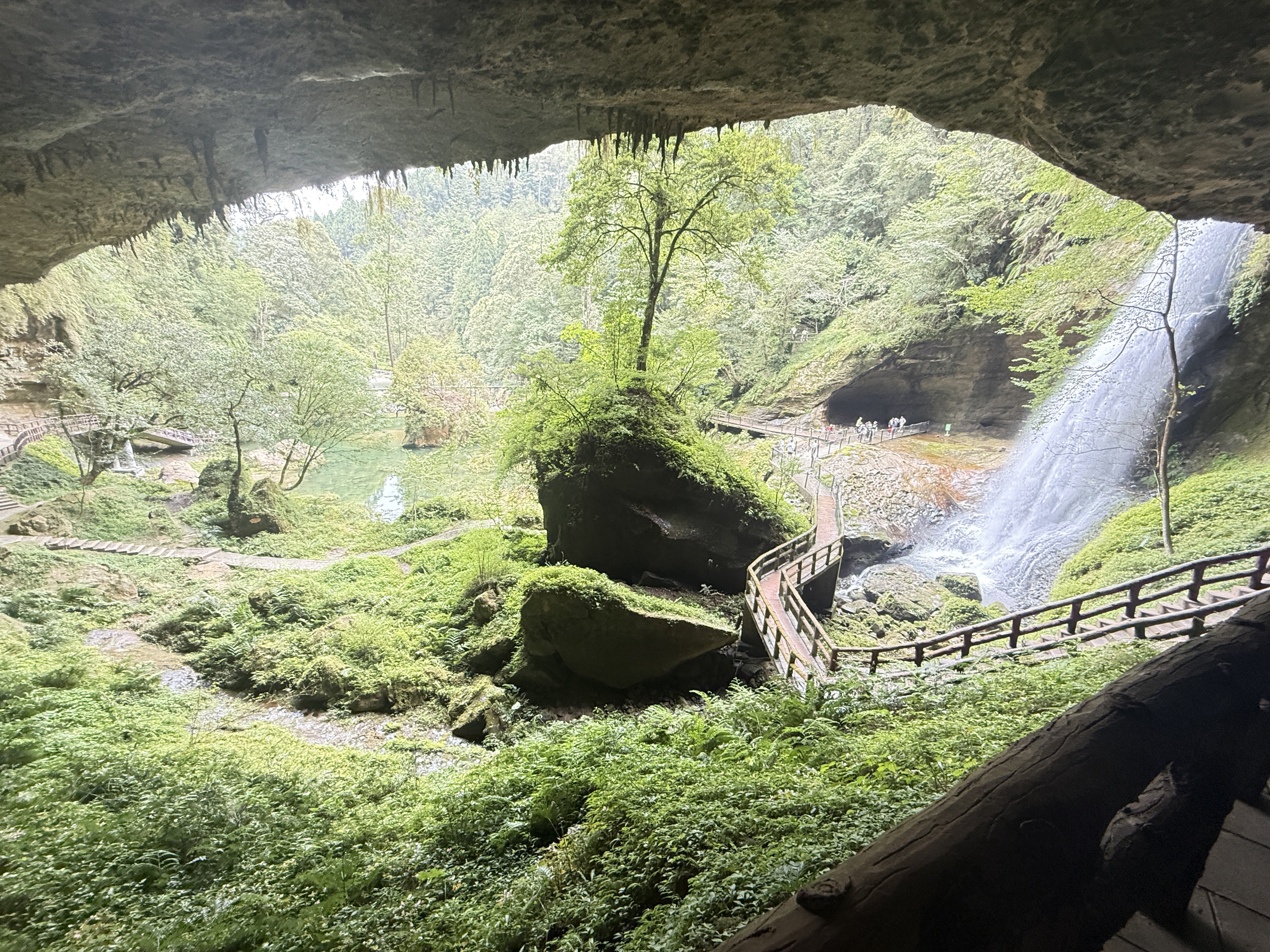 人在山林步道散步，周圍環繞著茂密的森林和瀑布景色，呈現出清新自然的氛圍。